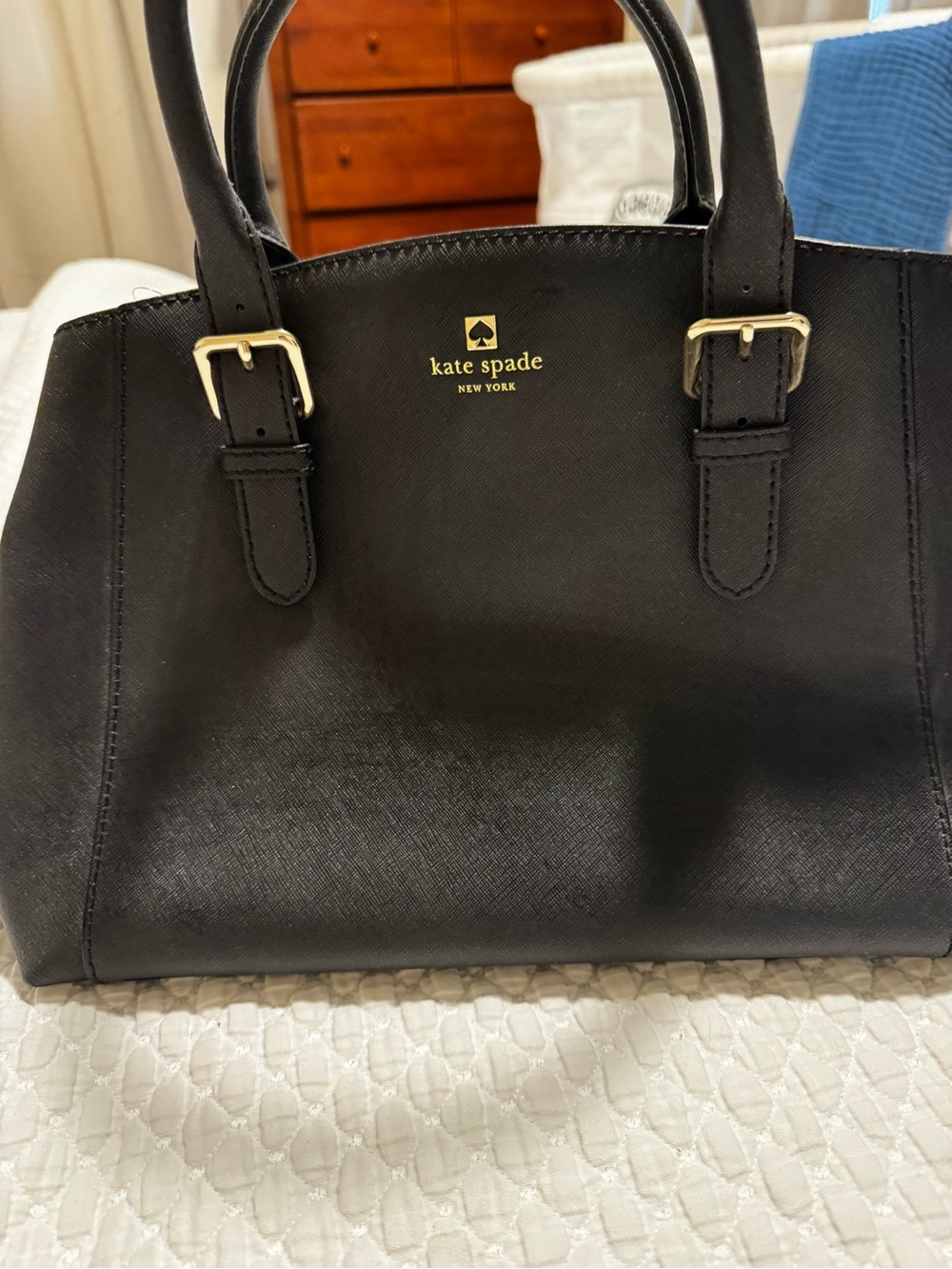 kate spade Black Leather Structured Satchel with Gold Hardware